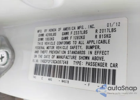 2012 Honda Accord 2.4 Lx из США, поврежденный, VIN 1HGCP2F3XCA067548